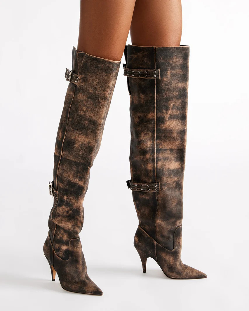 BADDIE Brown Distressed Over-The-Knee Moto Boot | Women's Boots | Steve Madden (US)