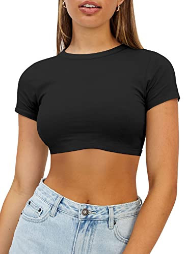 Haochic Summer Crop Tops for Women Crewneck Y2K Slim T-Shirt Basic Short Sleeve Fitted Knit Ribbed Casual Tee Cropped Top Shirt Black M | Amazon (US)