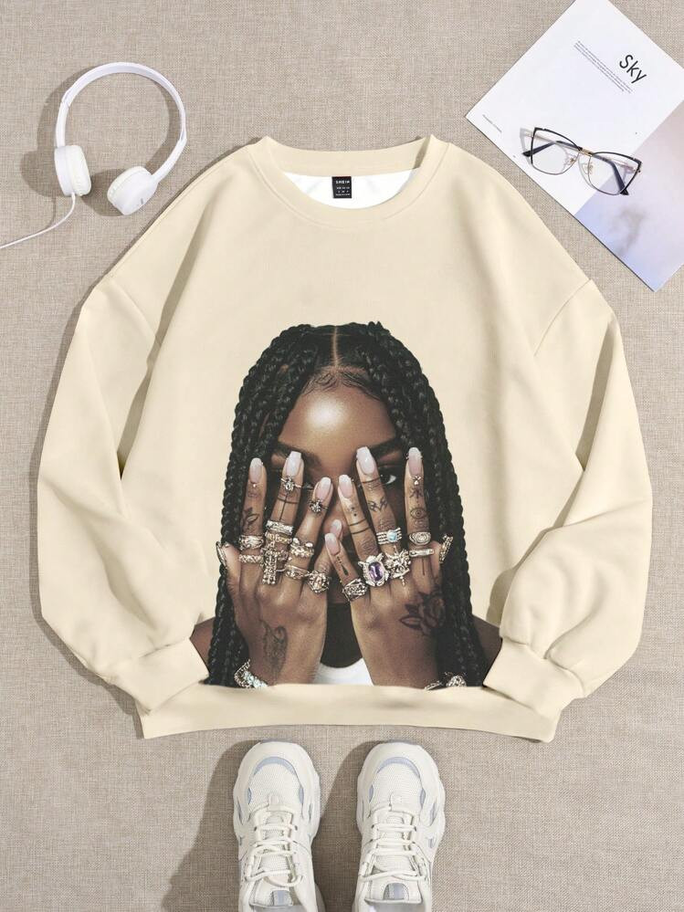 Slaydiva Casual Braids Punk Tattoo Graphics Round Neck Loose Fit Women Sweatshirt Graduation,Back... | SHEIN