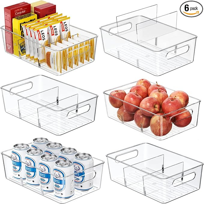 6 Pack Pantry Organizers and Storage,Clear Plastic Containers with 2 Dividers for Kitchen,Fridge ... | Amazon (US)