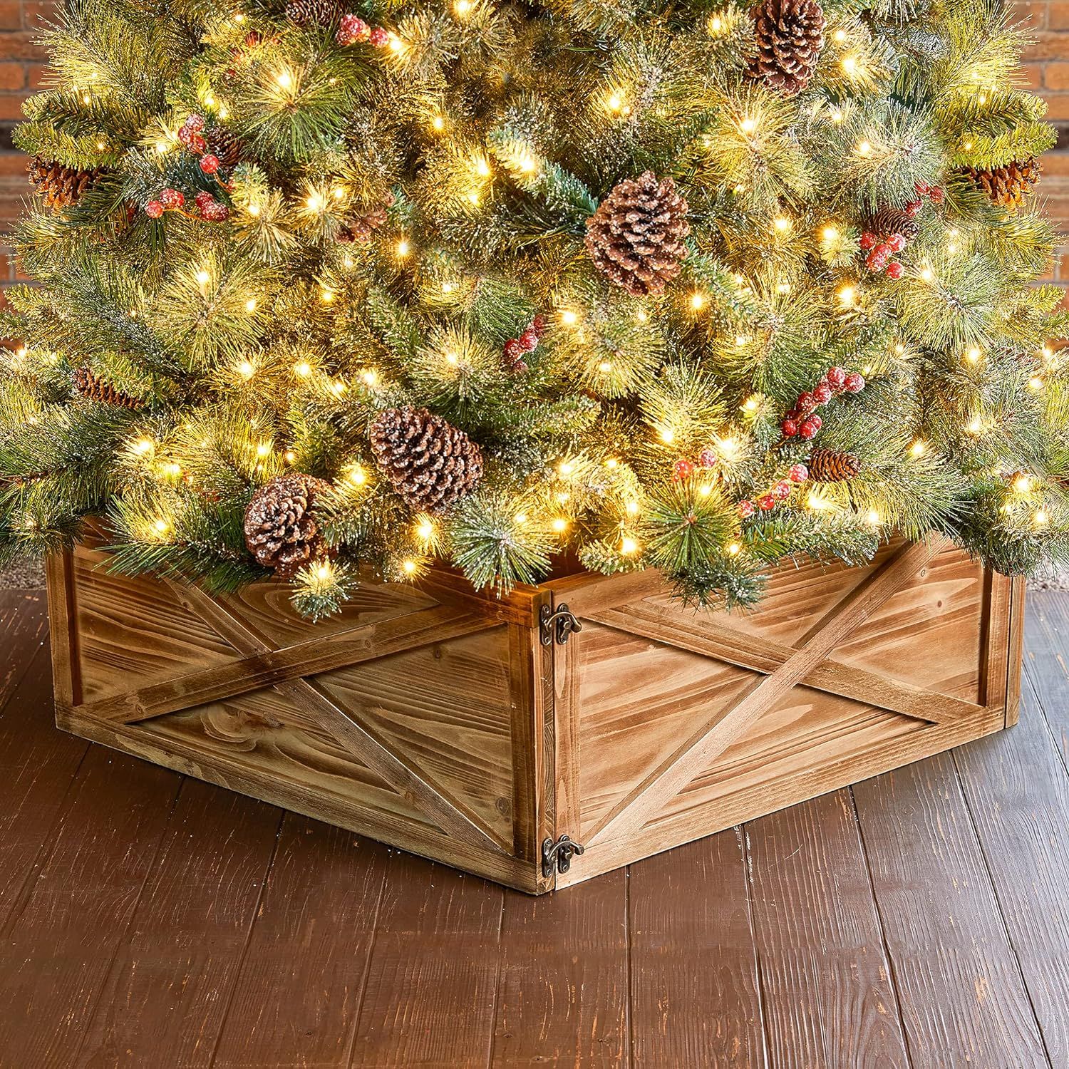 Glitzhome Wooden Box Collar Stand Cover Christmas Tree Skirt, 26" L, Natural Brown | Amazon (US)