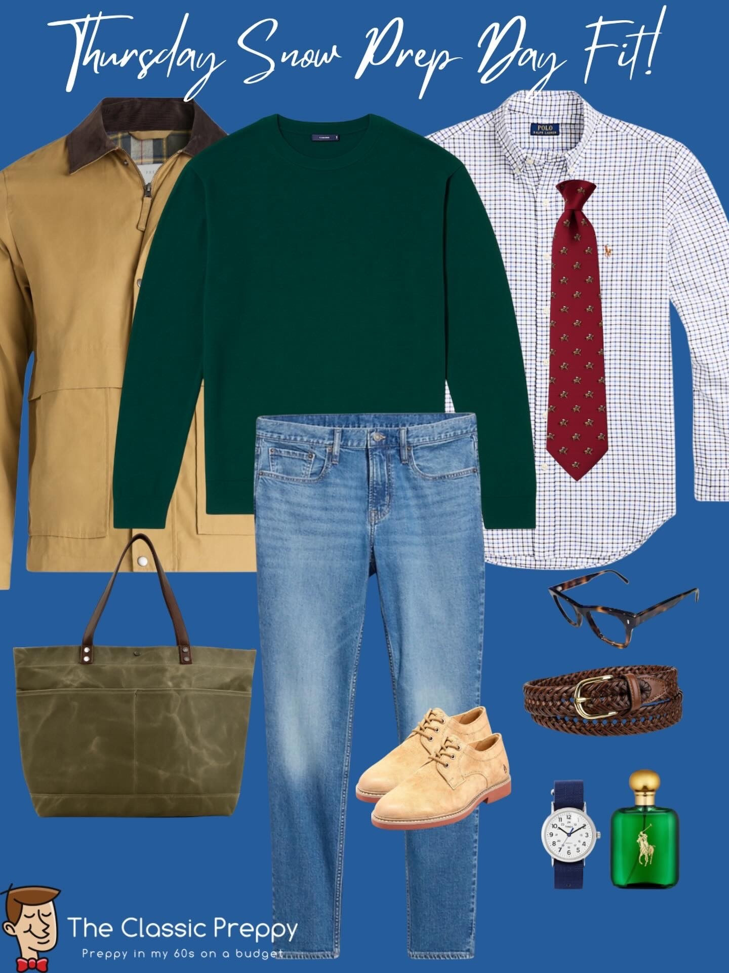 Snow prep day calls for layers that work indoors and out ❄️👇

🧥 Field jacket @walmart 
🌲 Merino crewneck @macys 
👔 Tattersall shirt @poloralphlauren
🐎 Burgundy horse tie @otaa 
👖 Medium-wash denim @oldnavy 
👞 Dirty bucks @hushpuppiesshoes 
👜 Canvas tote
👓 Tortoiseshell @warbyparker
⌚ Field watch @timex
🌿 Fragrance @poloralphlauren Polo OG

Classic prep. Practical layers. Zero overthinking.

#ClassicPreppy #IvyStyle #WinterLayers #WFHStyle #over60fashion

#LTKmomlife