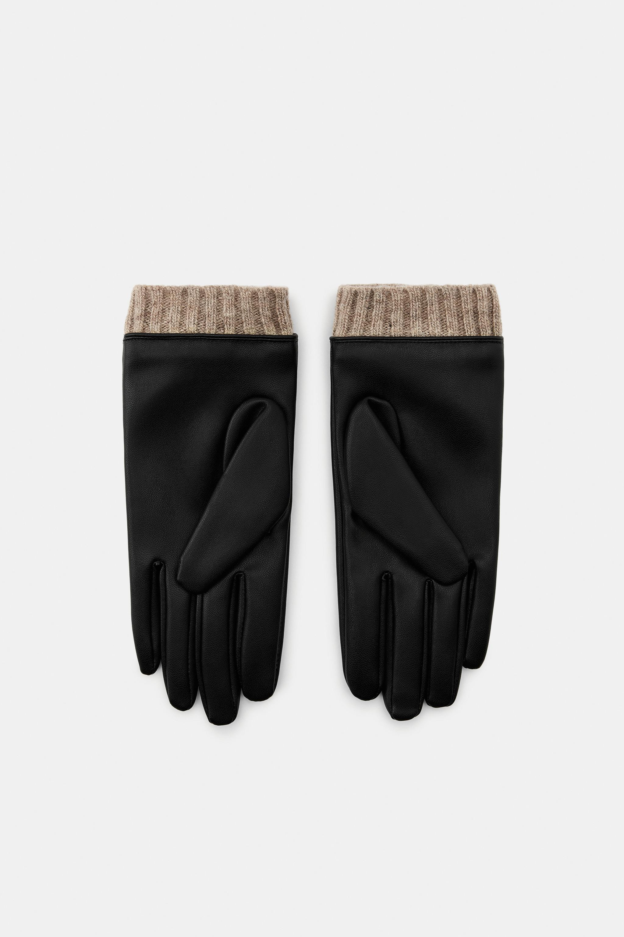 CONTRAST FAUX LEATHER GLOVES | Zara UK