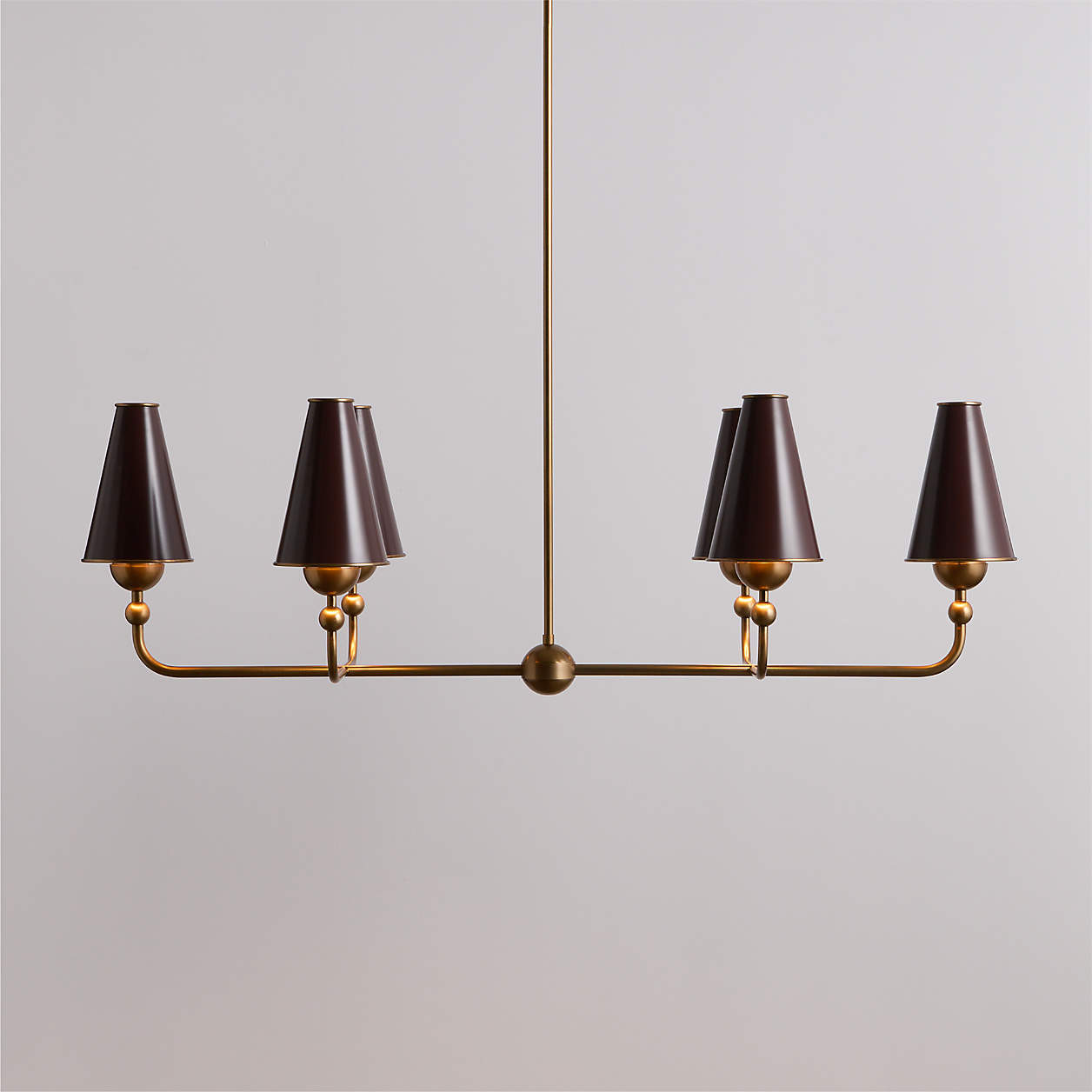 Everton Brass Linear Chandelier Light with White Linen Shades | Crate & Barrel | Crate & Barrel