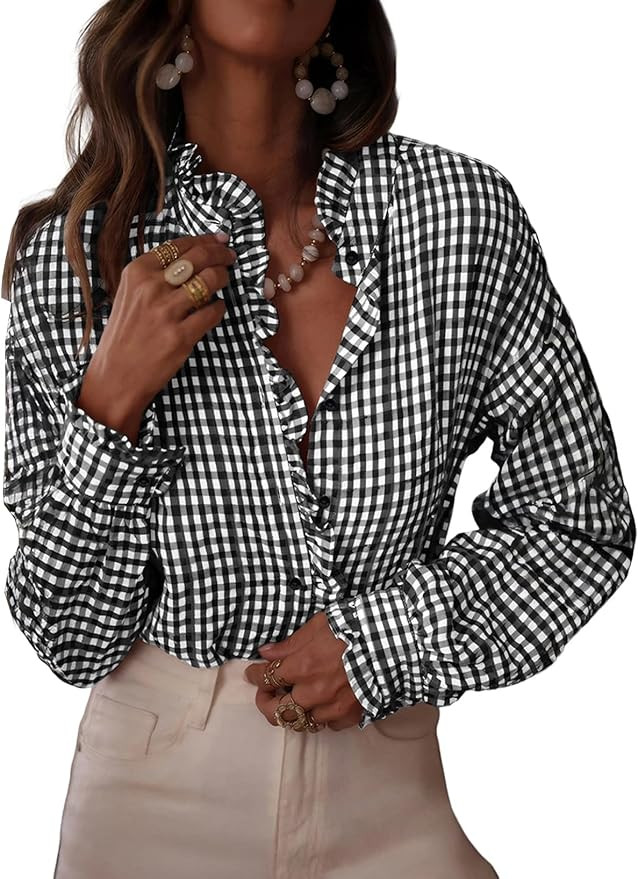 Astylish Womens Plaid Ruffle V Neck Button Down Blouse Casual Long Sleeve Gingham Trendy Tops Wor... | Amazon (US)