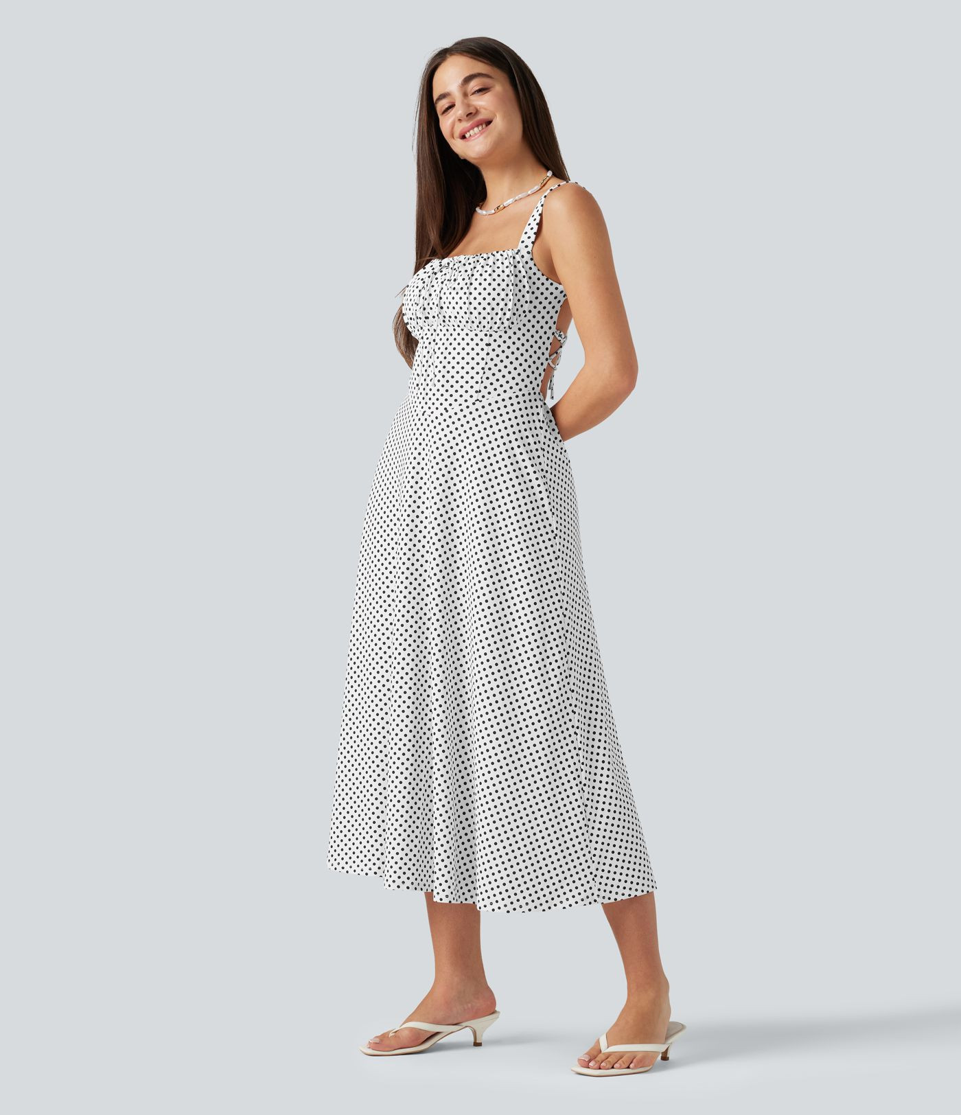 Women\u2019s Crisscross Backless Square Neck Sleeveless Ruched Polka Dot Built-in Bra Midi Resort... | HALARA