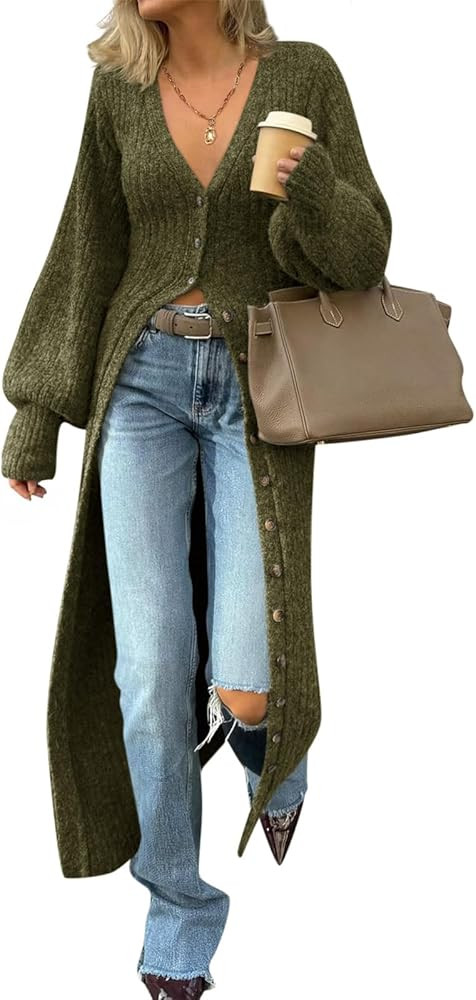 Saodimallsu Womens Long Cardigans V Neck Button Down Chunky Knit Dusters Sweater Coat Fall Trendy... | Amazon (US)