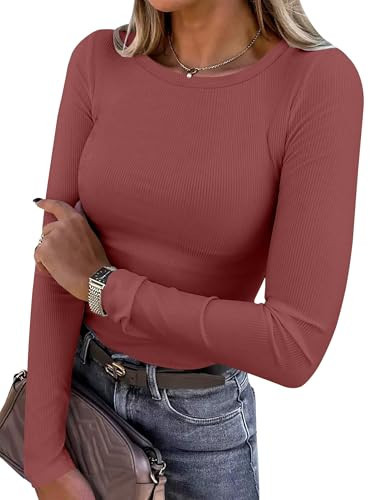ANRABESS Women Long Sleeve Shirts Rib Knit Slim Fit Tops Basic Tee 2025 Fall Outfits Casual T-Shirt Underscrubs Layer Clothes Brick Red X-Small | Amazon (US)