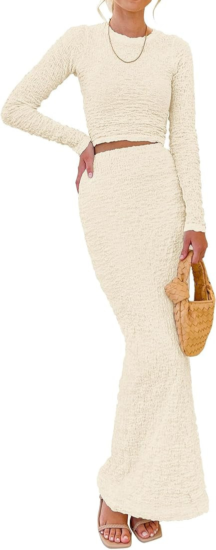 BTFBM Women's Fashion 2 Piece Outfits 2023 Fall Winter Long Sleeve Bodycon Pullover Tops Ruched M... | Amazon (US)