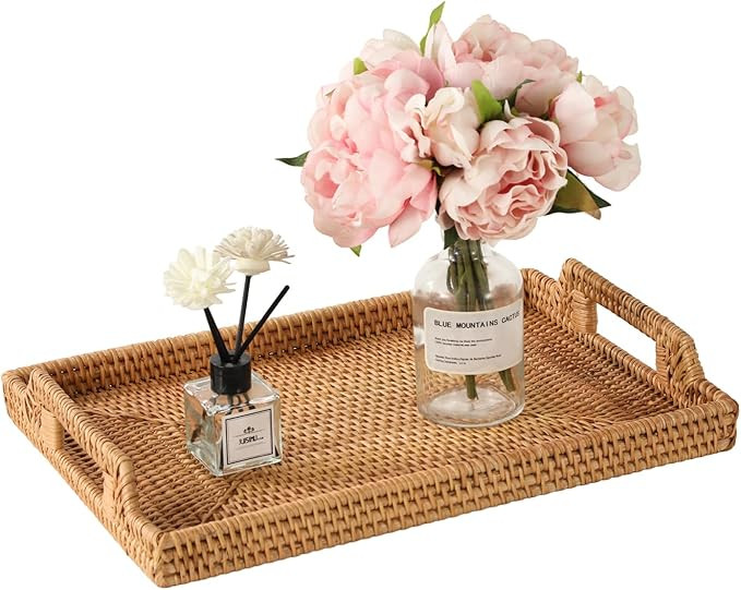 14.5'' Rattan Serving Tray Rectangle With Handles, Vintage Wicker for Decor, Boho Seagrass Coffee... | Amazon (US)