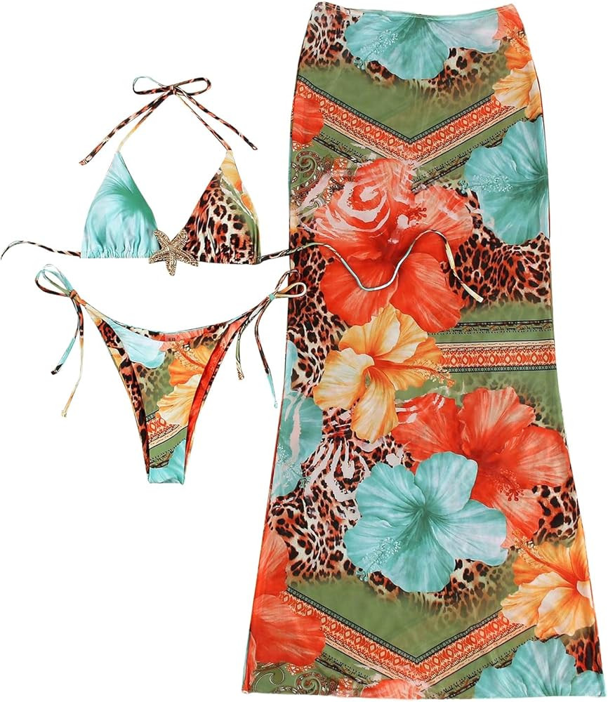 GORGLITTER Women's 3 Piece Floral Leopard Swimsuit Halter Triangle High Waisted Thong Bikini Set ... | Amazon (US)