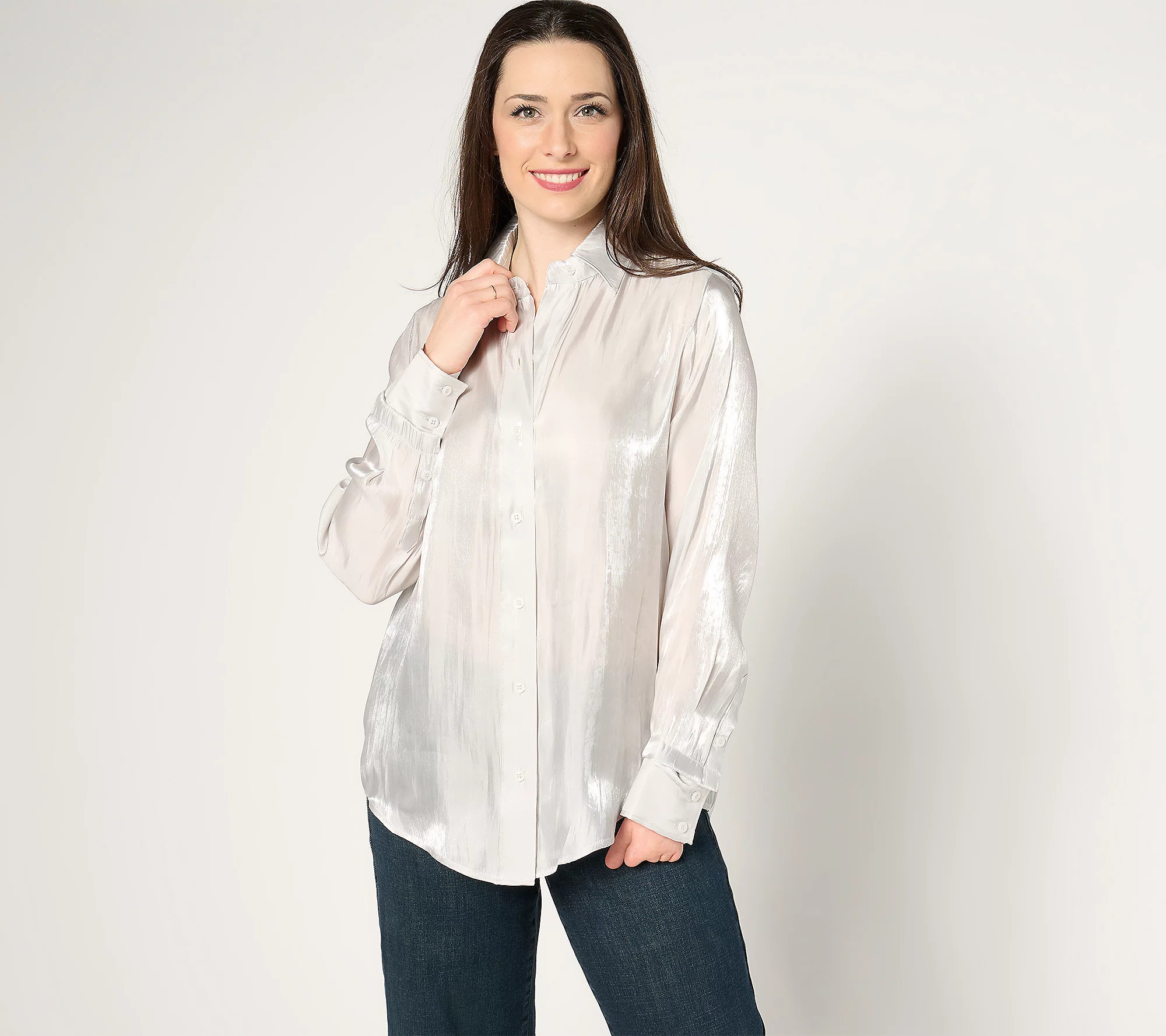 by Stacy London Metallic Foundation Button Front Shirt | QVC