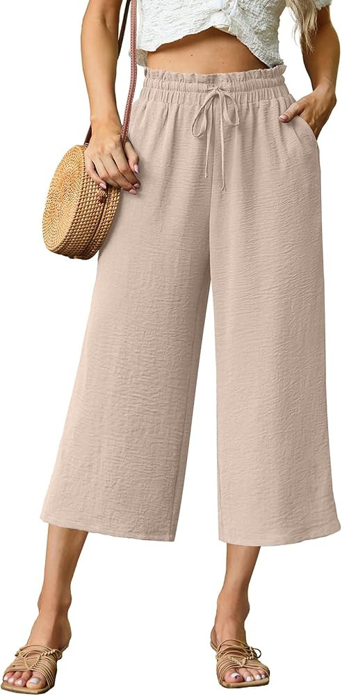 FREEOAK Capri Pants for Women High Waisted Wide Leg Casual Lounge Pant Summer Capris Adjustable D... | Amazon (US)