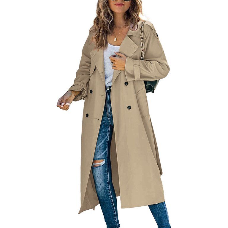 Gwiyeopda Women Long Trench Coat Lapel Jacket Windproof Overcoat Windbreaker - Walmart.com | Walmart (US)