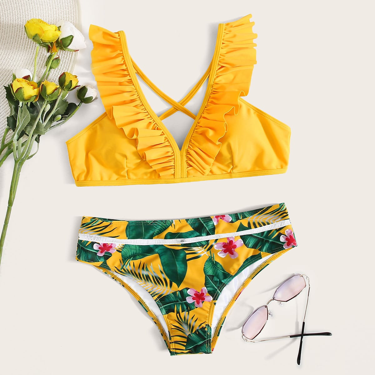 Tropical Ruffle Trim Bikini Swimsuit | SHEIN