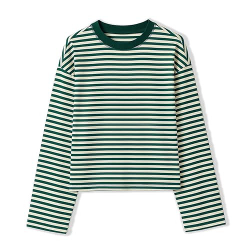 KOSUSANILL Striped Long Sleeve Shirt Women Oversized Baggy Tshirt Crewneck Boxy Cropped Tee Tops Drop Shoulder Y2K Cute Preppy Sweatshirt Vintage Teen Girls Fall Pullover Top (Green, L) | Amazon (US)