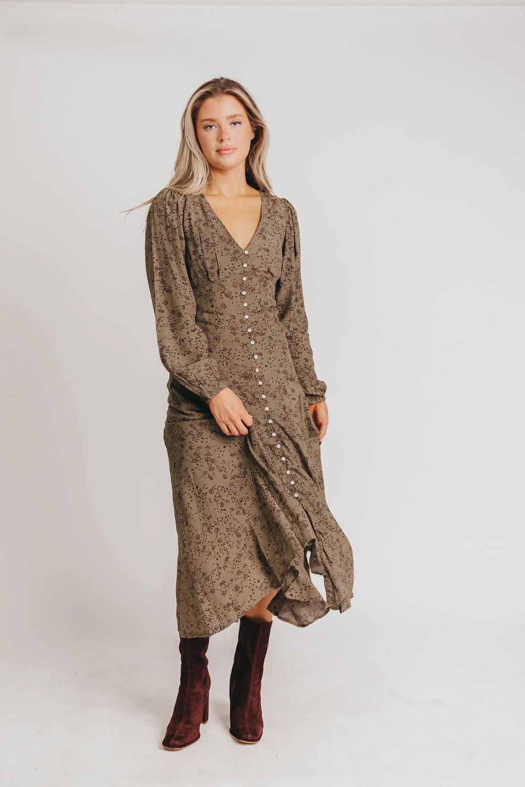 Brandi Long-Sleeve Button-Up Maxi Dress in Olive Floral - Cannot Resto | Worth Collective
