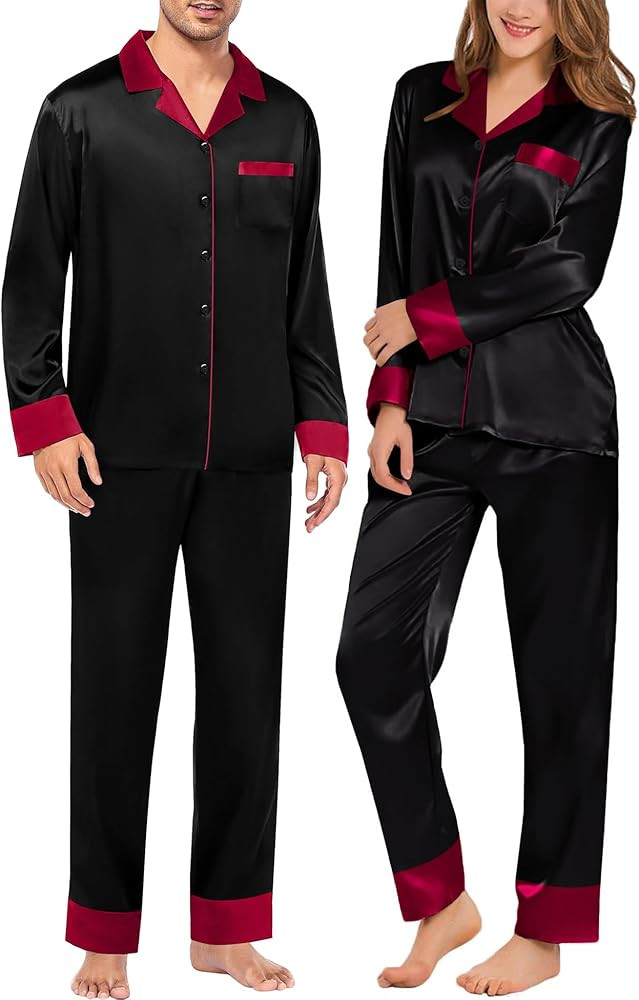 SWOMOG Couples Satin Pajama Set Women & Men Long Sleeve Sleepwear Button Down Loungewear Silky Pj... | Amazon (US)