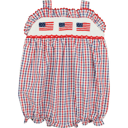 Navy And Red Windowpane Smocked Flag Ruffle Bubble - Shipping Mid May | Cecil and Lou
