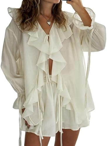 Womens Ruffle 2 Piece Outfit Tie Front Shorts Set | Amazon (US)