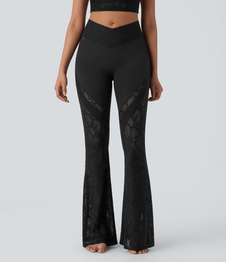 Women’s SoftlyZero™ High Waisted Crossover Pocket Contrast Lace Flare Yoga Leggings - Halara | HALARA