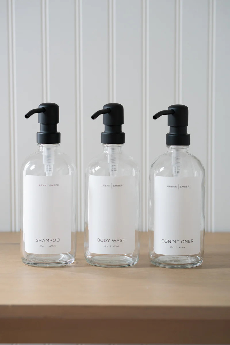 Minimalist Collection - Clear Glass White Shampoo, Conditioner, or Body Wash Dispenser | Urban Ember