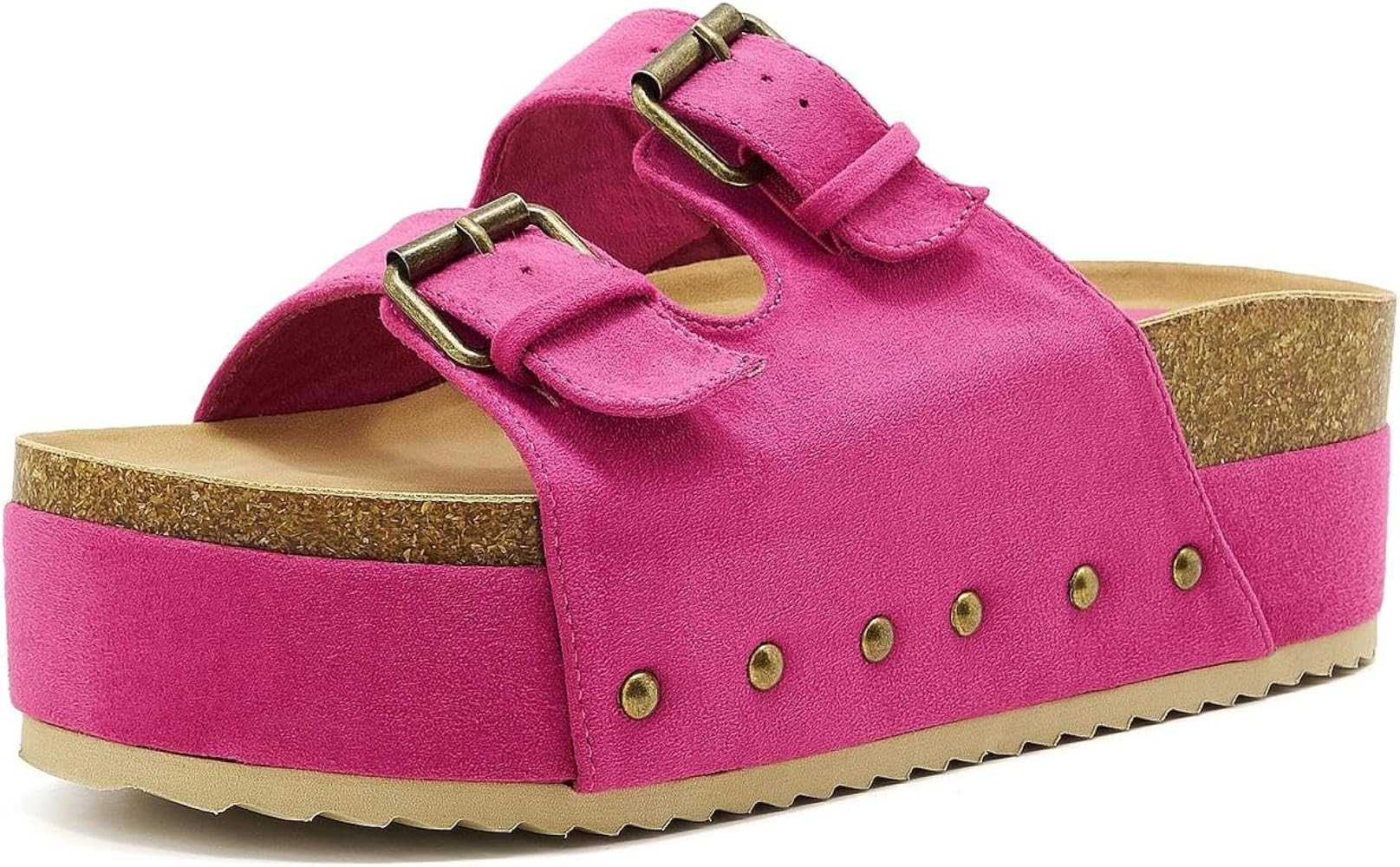 Women's Platform Sandals Cork Footbed Heeled Slides with Double Buckles Comfort Suede Clogs Summe... | Amazon (US)