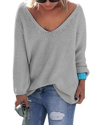 Voguegirl Womens Casual V Neck Loose Knit Sweater Pullover Tops | Amazon (US)