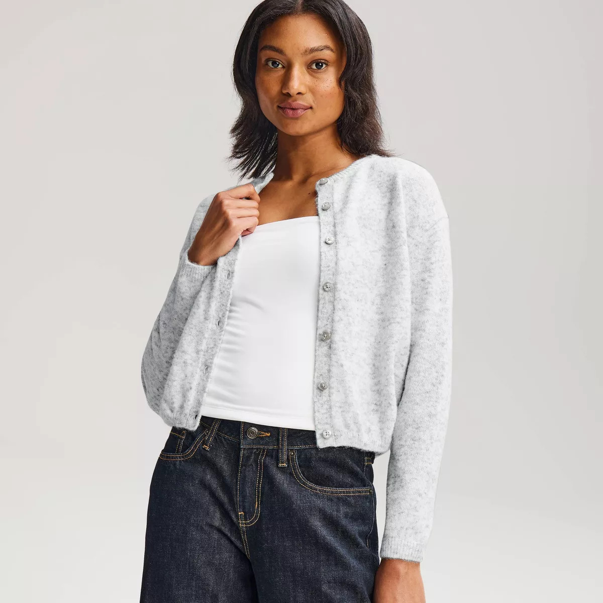Women's Crewneck Cardigan Sweater - Wild Fable\u2122 Light Gray M | Target