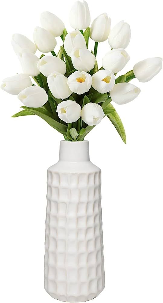 Ceramic Vases Modern Home Decor - 11 Inch White Flower Vase with Embossed Design,Modern Nordic De... | Amazon (US)