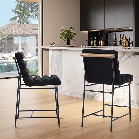 Black Linen Bar stools Set of 2, 25” Modern Upholstered Counter stools with Black Metal Legs, A... | Amazon (US)