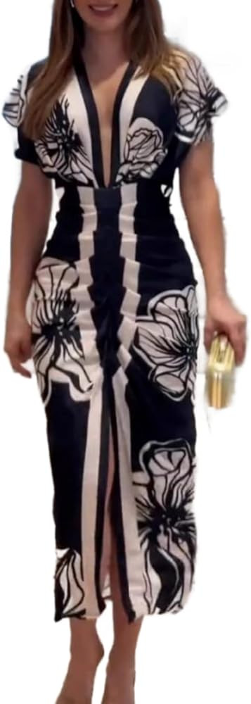 Womens Dresses 2025 Print V Neck Short Sleeve Pleated High Waisted Slit Hip Hugging Sexy Summer D... | Amazon (US)