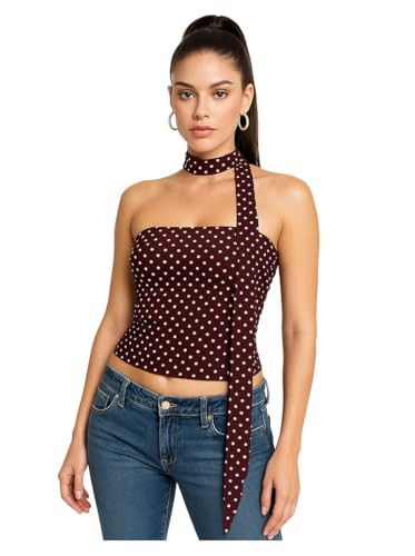 Dynvernal Polka Dots Mesh Tube Tops for Women Y2k Strapless Bandeau Top with Scarf for Going Out Club Chocolate Brown M | Amazon (US)