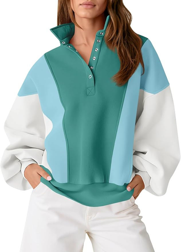 Fisoew Womens Color Block Sweatshirt Casual Long Sleeve Henley Neck Button Loose Pullover Tops | Amazon (US)