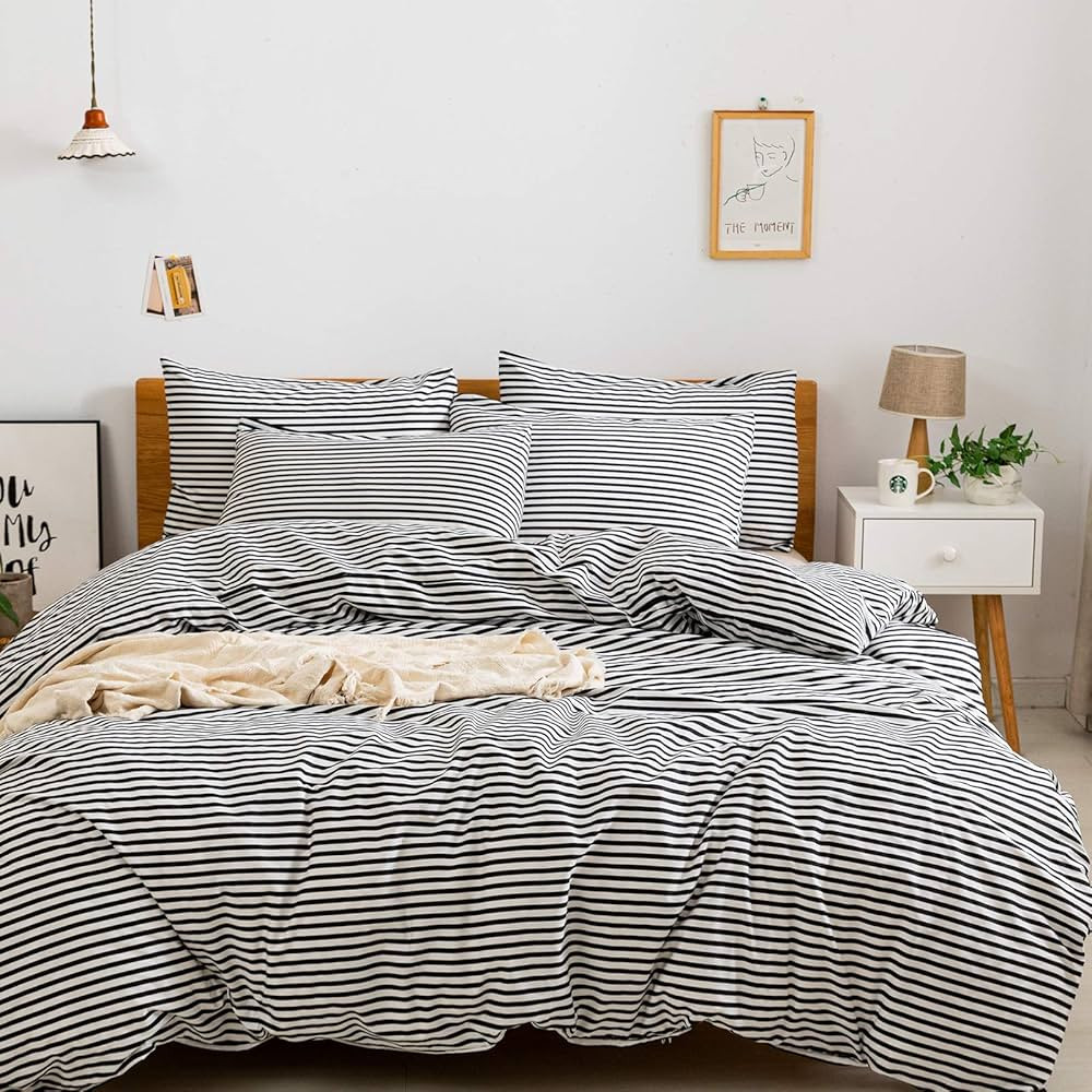 JELLYMONI 100% Natural Cotton 3pcs Striped Duvet Cover Sets,White Duvet Cover with Black Stripes ... | Amazon (US)