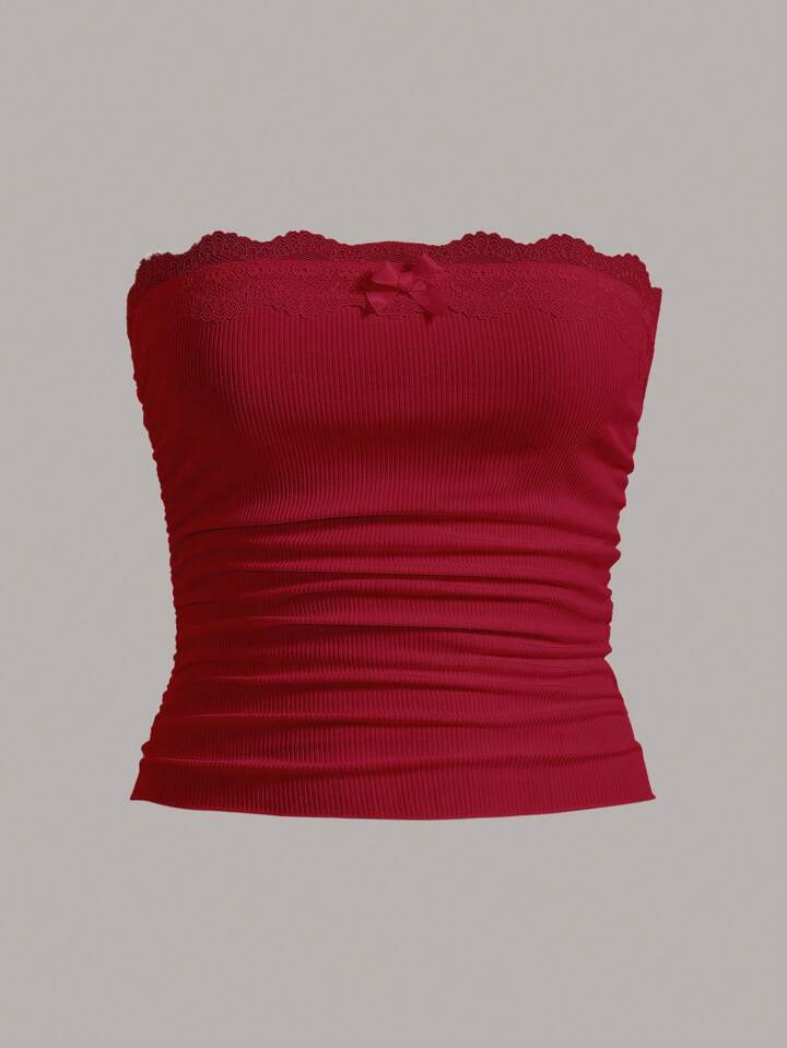 SHEIN EZwear Contrast Lace Ruched Tube Top | SHEIN