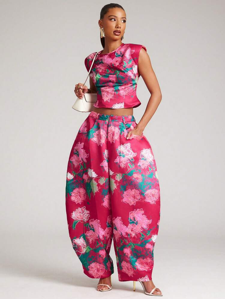NYA SZN Matching Set Full Outfit Printed Floral Graffiti Roses Streetwear Unique Crop Top Barrel Baggy Mid Rise Red Pink Versatile Y2k Memorial Day Mothers Day Picnic Brunch Festival Casual Sexy Cool Girl Everyday Going Out Party Special Occasion Travel Vacation Office Siren Western Country Date Night Elegant Luxury Business Casual Event Wedding Formal Brunch Office Street Style Spring Summer Statement Kings Day Bridal Shower Outfits For Women | SHEIN USA | SHEIN