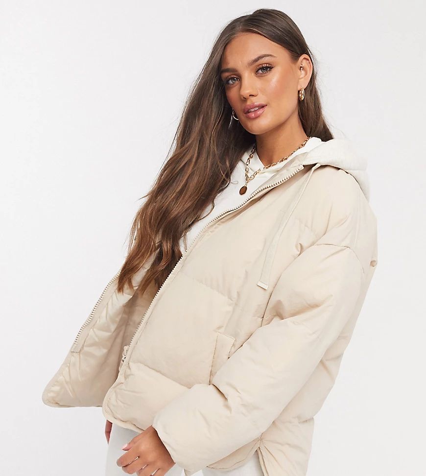 ASOS DESIGN Petite oversized jersey hooded puffer jacket in cream | ASOS (Global)