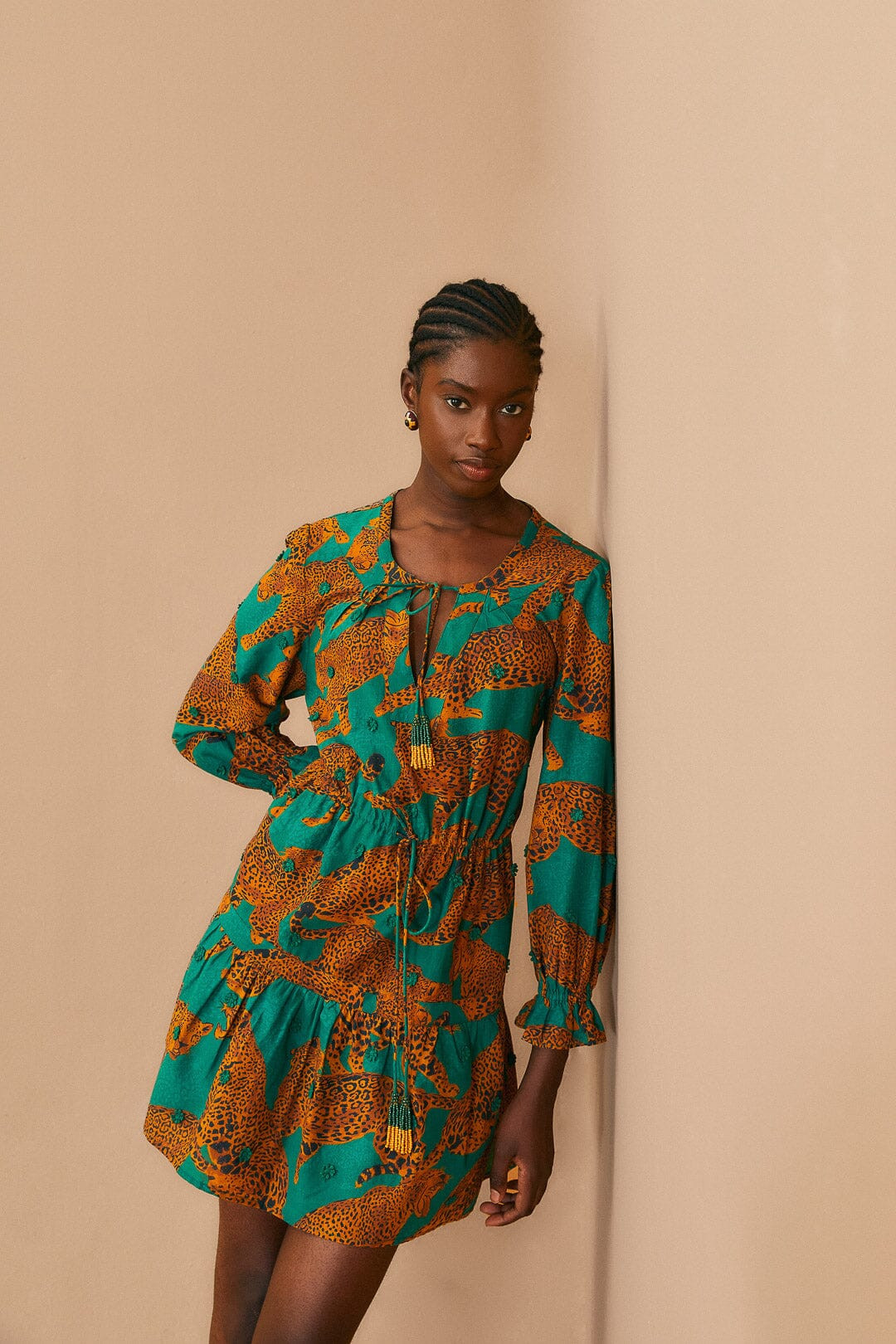 Green Artsy Leopards Long Sleeve Mini Dress | FarmRio (US)