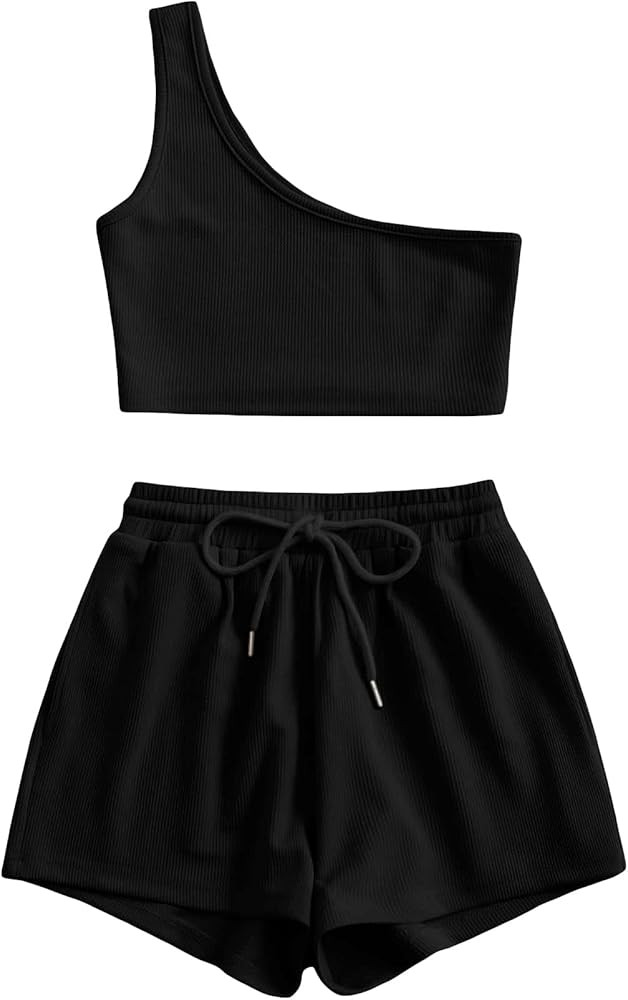 Verdusa Women's One Shoulder Tank Top and Lounge Shorts 2 Piece Tracksuit Set | Amazon (US)