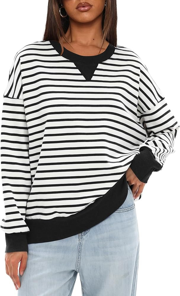 Darong Women Oversized Striped Color Block Long Sleeve Crew Neck Sweatshirt Casual Cotton Pullove... | Amazon (US)