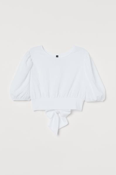 Short top in woven, crinkled fabric Round neckline and voluminous balloon sleeves with covered el... | H&M (US + CA)