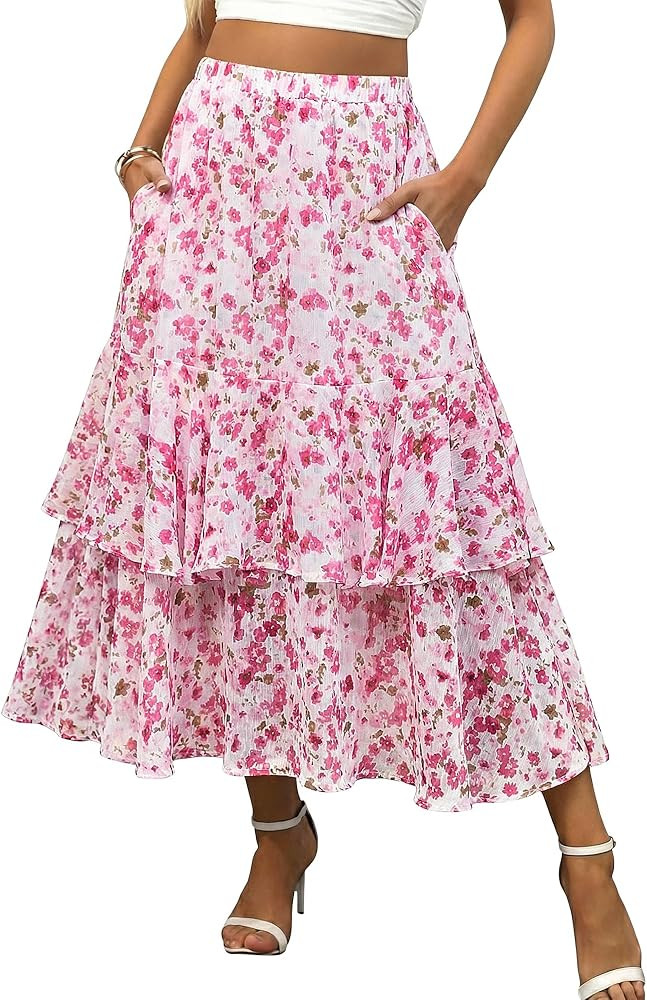 luvamia Long Skirts for Women Floral Flowy Boho Tiered Ruffle A Line Summer Chiffon Elastic Waist... | Amazon (US)