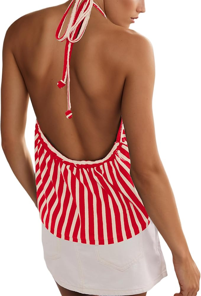 TERIVEEK Women Striped Halter Tank Tops Casual Loose Sleeveless Tie Back Smocked Shirt Backless F... | Amazon (US)