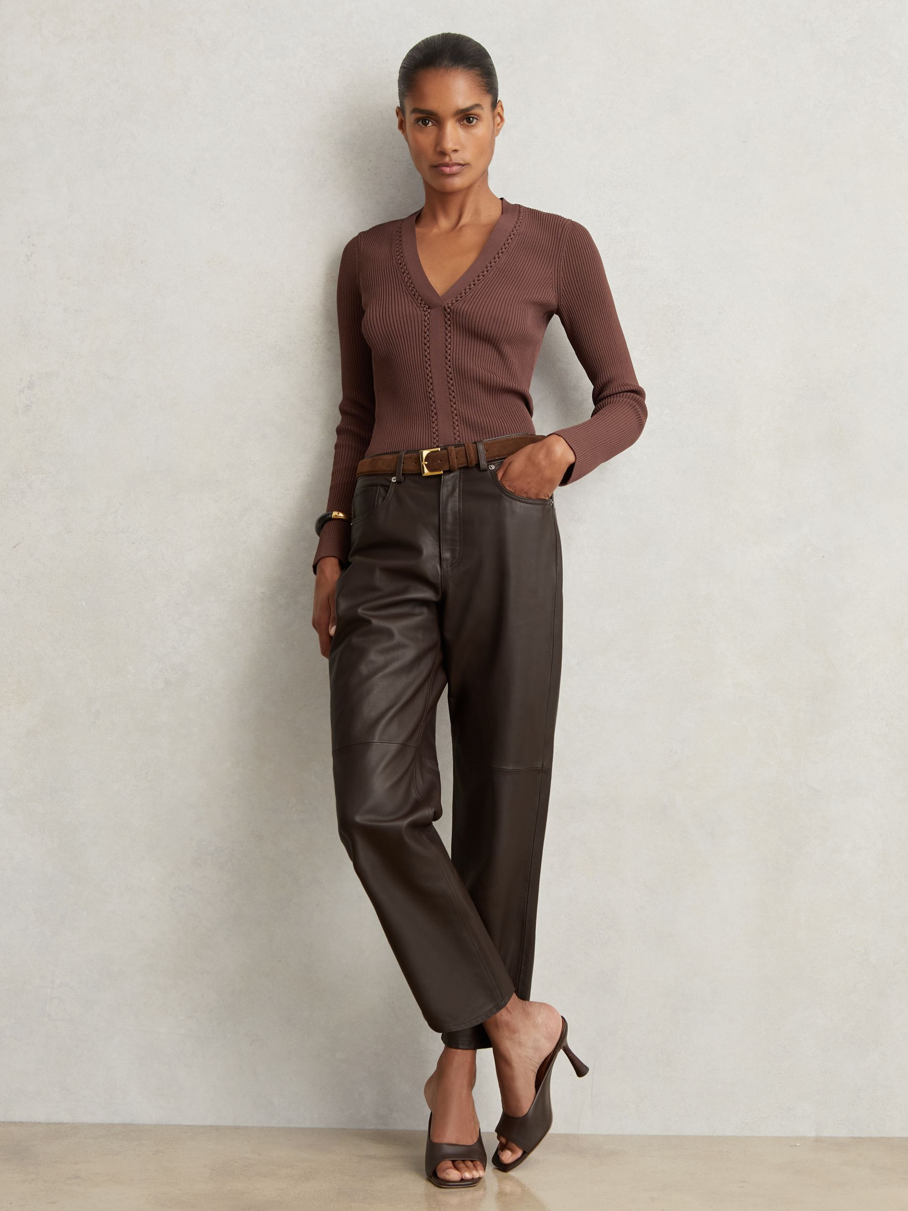 Reiss Leather Slim-Leg Trousers in Chocolate - REISS | Reiss UK