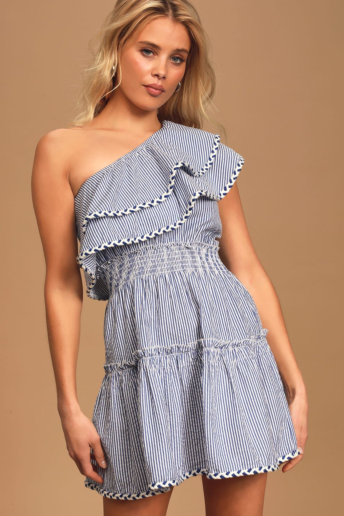 Nice To Sea You Blue and White Striped One-Shoulder Mini Dress | Lulus