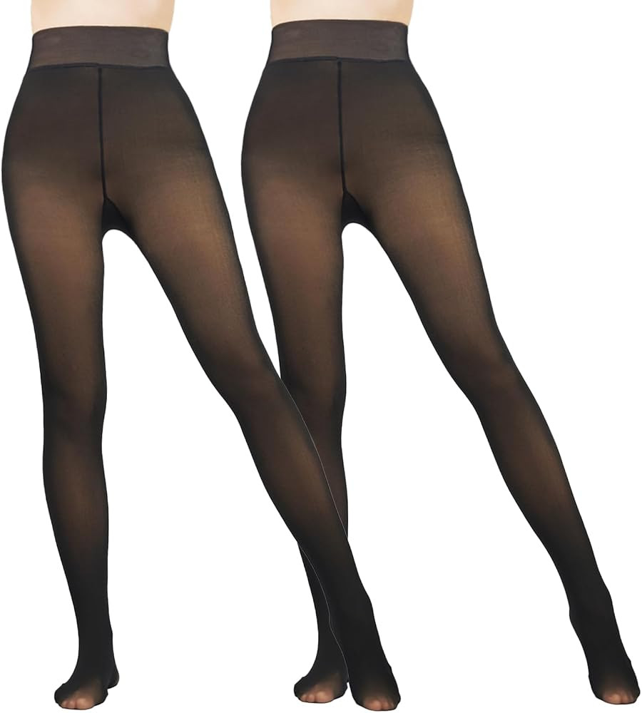 2 Pairs Women Fleece Lined Tights-Fake Translucent Leggings High Waist Pantyhose Sheer Thick Warm... | Amazon (US)