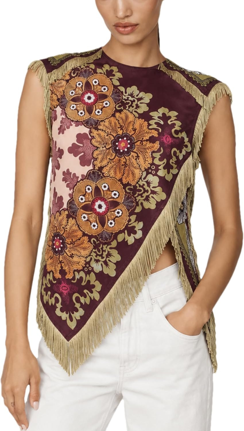 Womens Floral Scarf Top Summer Sleeveless Fringe Tassel Tops | Amazon (US)