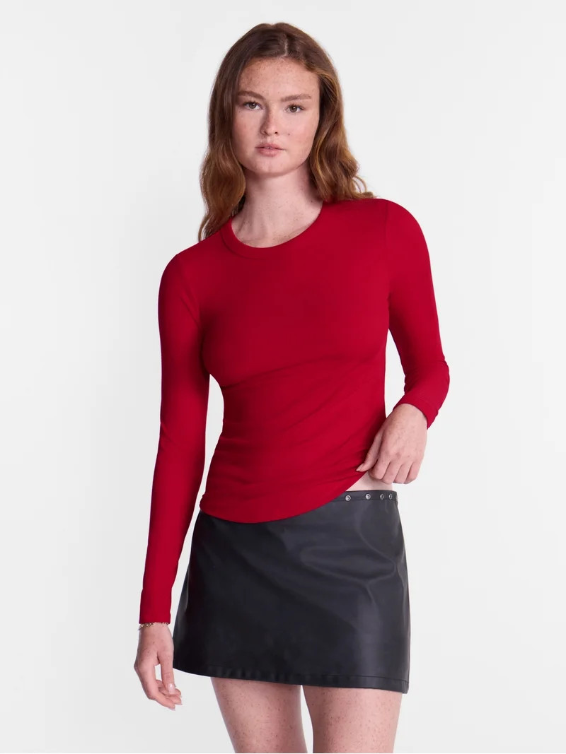 No Boundaries Ribbed Crewneck Tee with Long Sleeves, Women's XXS-XXL | Walmart (US)