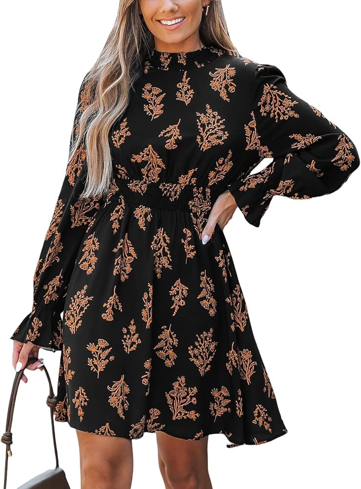 CUPSHE Women's Mock Neck Floral Mini Fall Dress Long Ruffle Sleeve Elastic Waist Smocked Casual F... | Amazon (US)